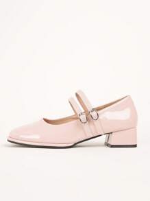 Fashionable Women Shoes, Simple & Versatile Double Buckle Strap Chunky Heels Mary Jane Pumps, Red & Violet Solid Color Ladies Flats