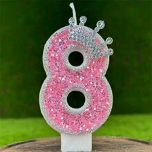 Pink Glittering Crown Shaped Number Birthday Candle With Silver Edge And Rhinestones, Romantic Atmosphere Cake Decoration For 1st Birthday Celebration Party, Back To School Valentine Day - Multicolor - View 9