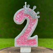 Pink Glittering Crown Shaped Number Birthday Candle With Silver Edge And Rhinestones, Romantic Atmosphere Cake Decoration For 1st Birthday Celebration Party, Back To School Valentine Day - Multicolor - View 5
