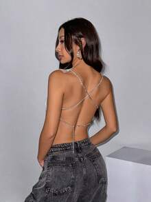 1pc Metallic Asymmetric Square Neck Camisole, Suitable For Bars, Parties, Music Festivals And Other Occasions