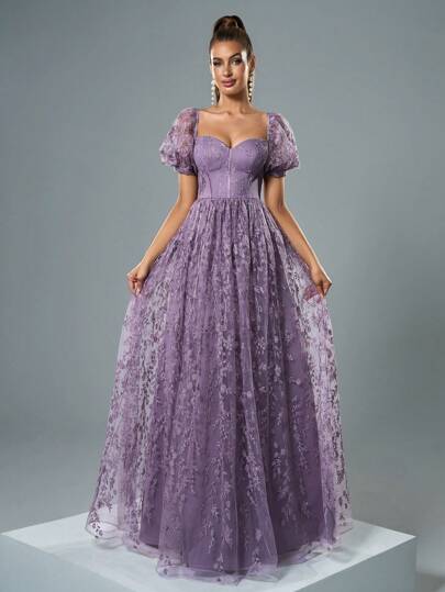 Women's Sweetheart Neck Puff Sleeve Satin Ribbon Bust Cup Embroidered Lace Dress, Party Dress, Wedding Guest Dress, Formal Dress, Evening Dress,Gown