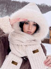 3pcs/Set Women's Winter Fleece Hooded Scarf Gloves Combo, Warm And Windproof, For Autumn And Winter