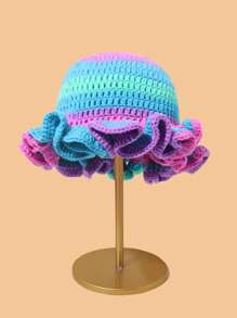 1pc Contrast Color Knitted Large Ruffle Brim Handmade Crochet Beanie (Hat Color Random)