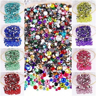 2MM-6MM，5 种尺寸混合，2000 件/包，非热修复，多色胶粘圆形平底水钻宝石珠 DIY 宝石钻石设计配件闪光美甲贴花装饰适用于手机壳、衣服、包、鞋子、手工艺品。