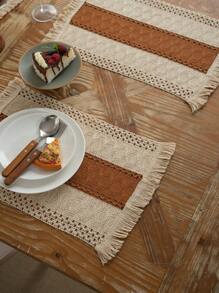 Bubaba 1pc Bohemian Vintage Rectangular Linen Table Runner With Tassel Trim, Brown, Suitable For Home, Kitchen, Dining, Weddings, Parties, Festivals, All Seasons - Beige+Orange - View 9
