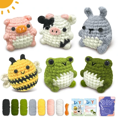 YAMAXIN 4pcs Animal Crochet Set, Bee, Cow, Rabbit, Pig ,Animal Crochet Kit For Beginners Knitted Animal Kit With Crochet Hooks Wool Doll & Positive Animal Crocheting Knitting Kit With Step-By-Step Video Tutorials, Creative Gift For Festival And Birthday Party Supplies, Art & Crafts Home Decor(Accessories In Random Color)