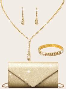 Rhinestone Jewelry Shiny Necklace Earrings Bracelet Set Elegant V-Shaped Flap Glitter Envelope Clutch Glitter Banquet Handbag Bridal Wedding Ladies Bridal Evening Bag Prom Shiny With Detachable Chain Wedding & Party Shoulder Bags Women's Wallet Glittering Party Ladies Handheld Evening Metal Chain Bag Tote Bag Cocktail Party Wedding New Banquet Bag