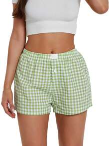 Women Y2k Pajama Shorts Elastic Waist Baggy Gingham Shorts Cute Striped Plaid Lounge Bottom Sleep Shorts Casual Checkered Shorts Boy Shorts Boxer Shorts