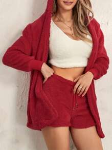 Women Plush Pajamas Set 3 Pieces Loungewear Suits Solid Color Long Sleeve Hoodies Cardigan Tank Tops Shorts Sleepwear Outfits