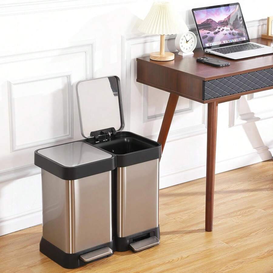 Mülleimer KüChe, Abfalleimer Mit Inneneimer, MüLltrennsystem 2 FäCher, Silber Edelstahl Treteimer Mit Deckel Und Softclose (20L+20L)