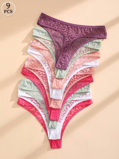 9件装 女士蕾丝丁字裤 性感低腰无缝内裤 豹纹印花 舒适透气 运动内裤