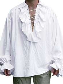 Camisa retro para hombre, cuello en V con cordones de encaje y manga larga de unicolor, disfraz de príncipe para cosplay, drama y escenario - Blanco - Ver 3