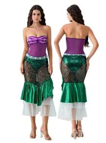 Women's Mermaid Costume Sequin Maxi Skirt Strapless Tube Tops Ruffle Long Tail Cosplay Halloween Party Dress Fancy Dress - Green - View 2