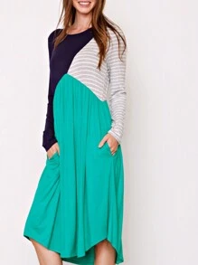 Boho Retro  Solid Stripe Ruffle Layered Sleeve Rayon  Tunic Mini Dress Flounce Sleeve - 藏蓝色 - 查看 3