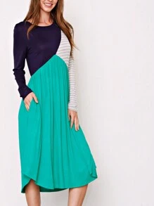 Boho Retro  Solid Stripe Ruffle Layered Sleeve Rayon  Tunic Mini Dress Flounce Sleeve - 藏蓝色 - 查看 2