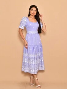 Helena Crepe Printed Midi Dress With Short Sleeves - Lilac Purple - View 1