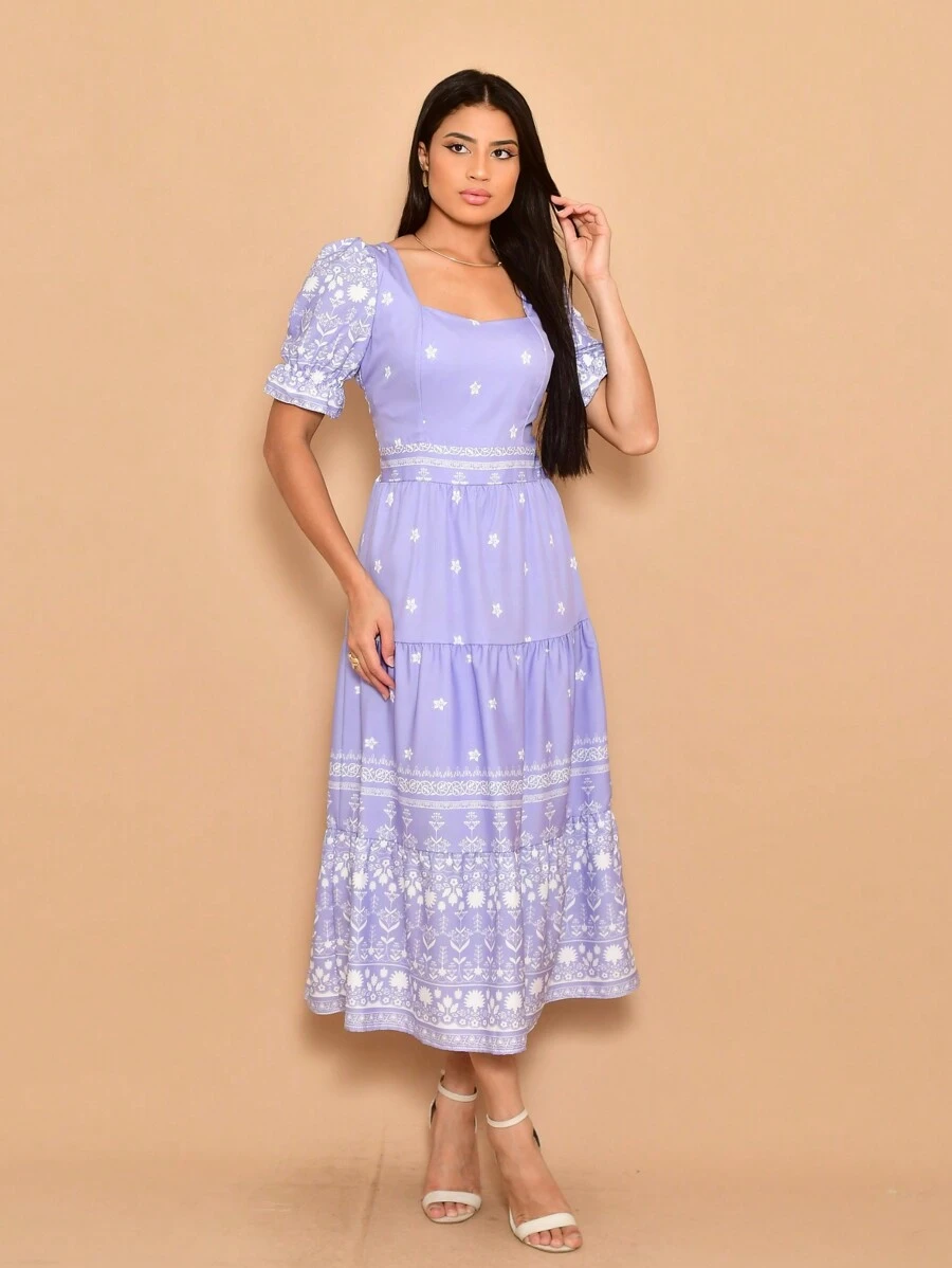 Helena Crepe Printed Midi Dress With Short Sleeves - Lilac Purple - View 1