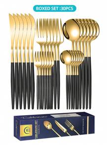30 件不锈钢餐具套装（带礼盒）、优雅的 30 件银色/金色餐具套装、金色饰面餐具套装、可重复使用的甜点勺、迷你勺、燕麦勺、咖啡勺、酸奶勺、汤勺、沙拉叉、餐叉、餐刀、牛排刀、甜点叉、高品质厨房用具，适用于家庭、厨房、餐厅、咖啡厅、派对、圣诞礼物、送礼 - 镜面抛光 - 葡萄牙套裝 - 查看 7