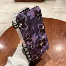 1 件适用于 iPhone11 12 13 14 PROMAX 15 翻盖式手机壳 - 透明 - 花朵和黑色圆环