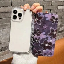 1 件适用于 iPhone11 12 13 14 PROMAX 15 翻盖式手机壳 - 透明 - 花朵和黑色圆环