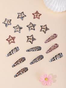 16pcs Leopard Pattern Teardrop & Star Hair Clips, Sweet & Cute Y2K Bangs Barrettes For Daily Wear And Commute Claw Clips