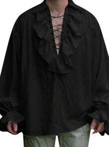 Retro Men's Shirt, Ruffle Lace Up V Neck Long Sleeve Solid Color Cosplay Prince Drama Stage Costume - 黑色 - 查看 3