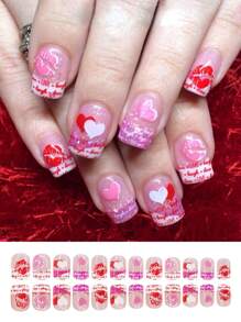 24Pcs Short Square Nails, Creative Valentines Nails Romantic Love French Fake Nails Nail Art, Press On Nails , Wedding Dresses Bride Valentine'S Day Gift. Nail Supplies Nails