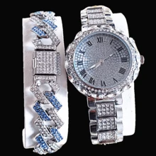 2 pièces/set Style hip-hop mode européenne et américaine Bracelet et montre à quartz pour femmes, cadran orné de strass avec chiffres romains, bracelet en acier inoxydable
