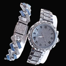 2 pièces/set Style hip-hop mode européenne et américaine Bracelet et montre à quartz pour femmes, cadran orné de strass avec chiffres romains, bracelet en acier inoxydable