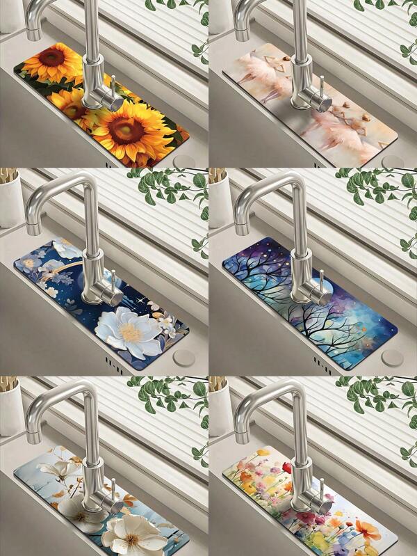 1pc Kitchen Sink Art Aesthetic Tap Mat, Luxury Bathroom Faucet Splash Guard Mat, Water Absorbent Oil Proof Anti-Moisture Anti-Slip, Easy To Clean, Watercolor Painting Decor, Kitchen Tool, Anti-Fatigue Pattern, Diatomite Tap Mat, Dining Mat, Countertop Protector, Kitchen & Dining Accessory, Washing Basin, Dish Drying Mat, Sink Drain Mat, Home Decor, Multifunctional, Ideal Gift, Washable, Mother's Day