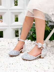 全新银色闪光高跟正装鞋，适合小女孩，幼儿蝴蝶结圆头镂空可爱公主鞋 - 銀色 - 查看 6