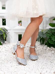 全新银色闪光高跟正装鞋，适合小女孩，幼儿蝴蝶结圆头镂空可爱公主鞋 - 銀色 - 查看 3