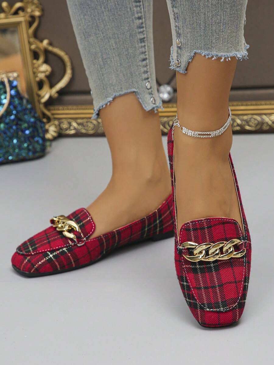 超大码欧码 35-43 春秋时尚方头链条玫瑰红平底鞋，酒红色格子一脚蹬平底鞋，女式