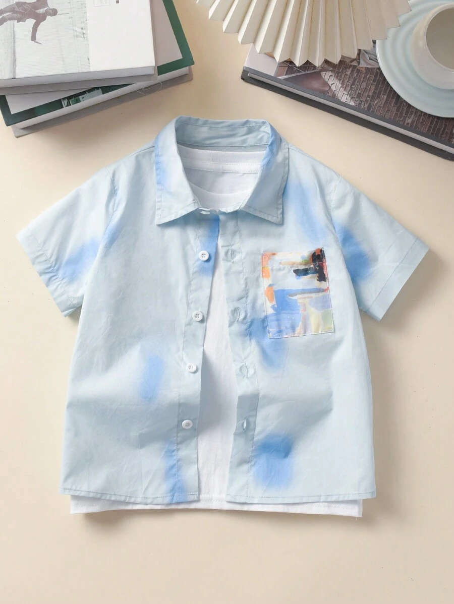 BLUE SAYING Camisa Azul de Manga Curta de Verão para Meninos Jovens, Camisas Casuais de Manga Curta com Estampa Criativa de Bolso, Camisas Cardigan Formais, Presente Fashion para Festa/Feriado - Azul - Visão 1