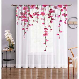 1pc Red Flower Semi-Transparent White Voile Print Curtain, Rod Pocket Header, Suitable For Bedroom, Office, Kitchen, Living Room, Study Room Home Decoration