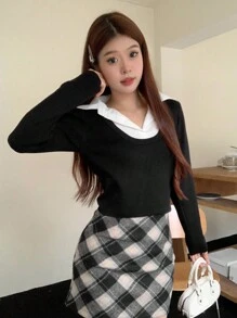 时尚设计拼接二合一短款上衣搭配长袖针织毛衣女士 - 黑色 - 查看 3