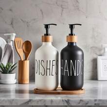WCIC 2个500毫升/16.9盎司黑白洗手洗碗液套装，厨房水槽台面收纳架，皂液瓶、洗发水和护发素分配器（带托盘/刷子）、可重复灌装洗发水分配器（带泵）、字母皂液瓶，厨房洗碗洗手液瓶，浴室可重复灌装台面洗手液瓶，适用于浴室、厨房、酒店。 - 黑與白 - 查看 4