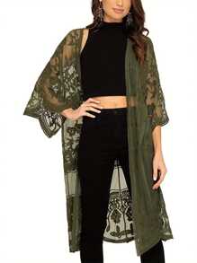 Women Casual Beachwear Cardigan, Solid Color 3/4 Sleeve See-Through Embroidery Flower Cover-Up - 墨綠色 - 查看 3