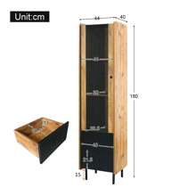 Credenza in legno con 3 scomparti e 2 cassetti, vetrina in vetro con illuminazione LED gialla (180 x 44 x 40 cm)