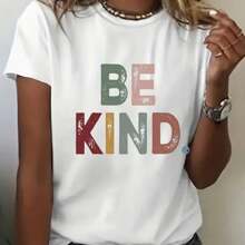 For Spring & Summer, Casual Short Sleeve Be Kind Print Crew Neck T-Shirt, Women's Clothing