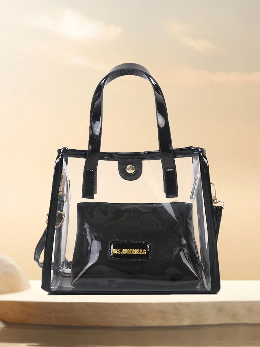 Women's Fashion Transparent Handbag PVC Shoulder Bag Versatile Vacation Bag Elegant Crossbody Bag - 黑色 - 查看 1