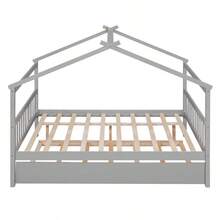 Full Size Wooden House Bed With Twin Size Trundle Gray - 灰色+實木 - 查看 3