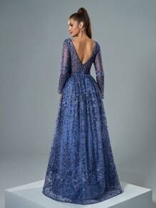 V-Neck Sheer Bustier Long Sleeve Embroidered Lace Ruffled Dress, Bridesmaid Dress - Blue - View 2