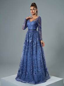 V-Neck Sheer Bustier Long Sleeve Embroidered Lace Ruffled Dress, Bridesmaid Dress - Blue - View 5