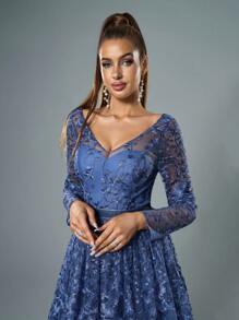 V-Neck Sheer Bustier Long Sleeve Embroidered Lace Ruffled Dress, Bridesmaid Dress - Blue - View 4