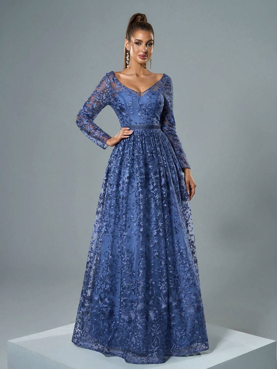 V-Neck Sheer Bustier Long Sleeve Embroidered Lace Ruffled Dress, Bridesmaid Dress - Blue - View 1