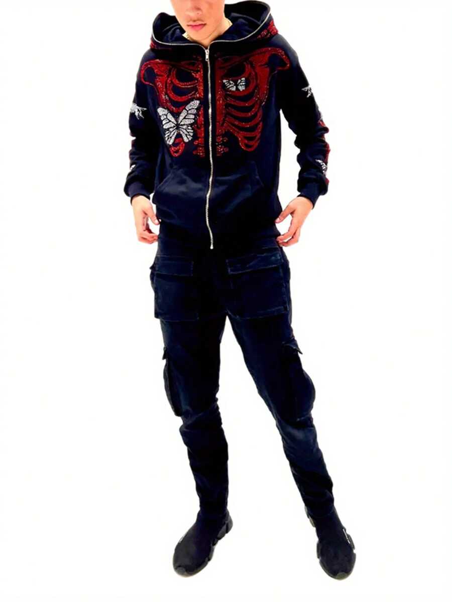 Adult Coat, Rhinestones Skull Butterfly Skeleton Print Long Sleeve Hooded Jacket For Spring Fall, S/M/L/XL