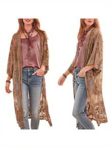 Women Casual Beachwear Cardigan, Solid Color 3/4 Sleeve See-Through Embroidery Flower Cover-Up - Cà phê nâu - Xem 3