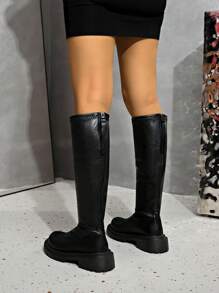 Fall/Winter Women's Fashion Over-The-Knee Boots, Warm Thick Sole Knight Boots, Soft Leather Non-Slip Round Toe Winter Boots, Solid Color Casual Boots - Black - View 4