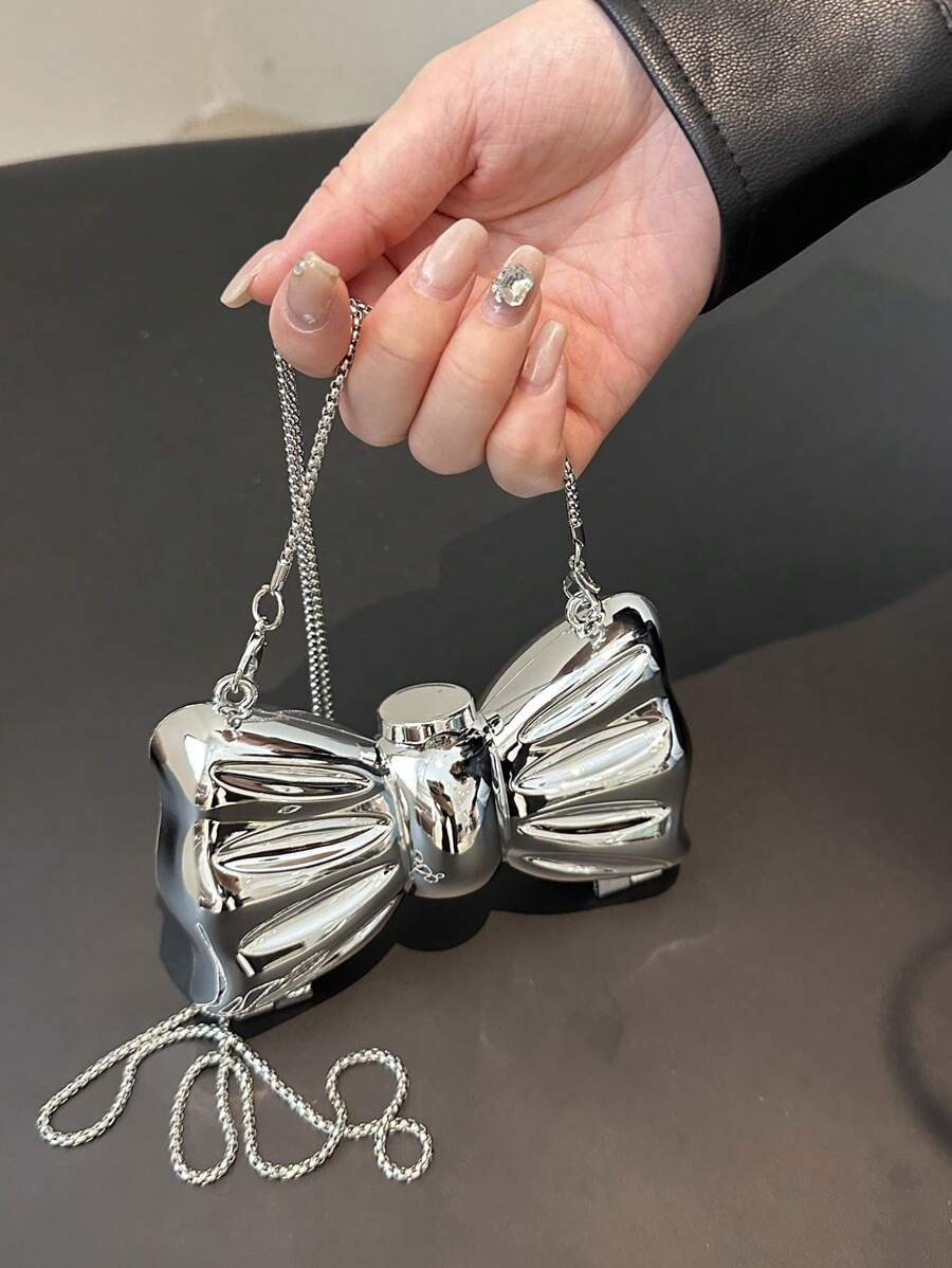 New Fashionable Niche Design Mini Bowknot Versatile Lip Gloss Earbud Coin Purse Women Chain Strap Shoulder Crossbody Bag - Silver - View 1